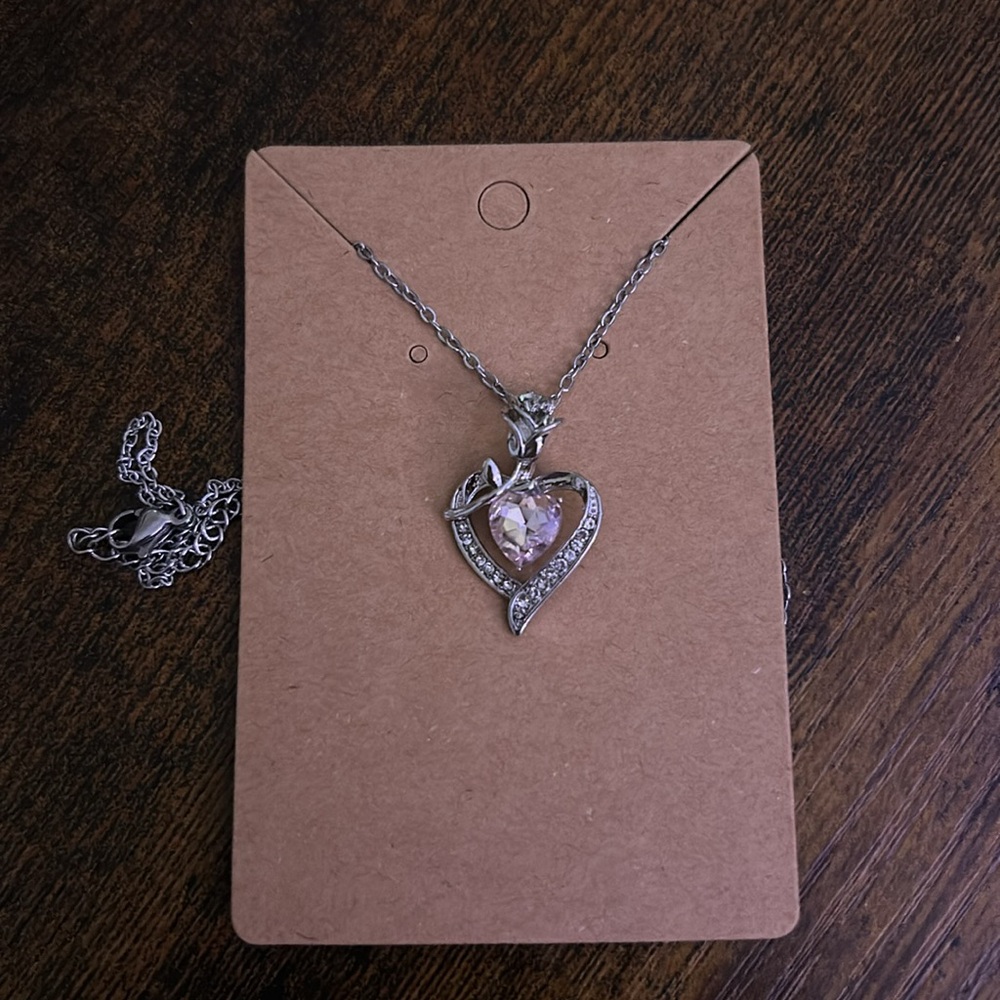 Silver Heart Pendant Necklace with Pink Gem